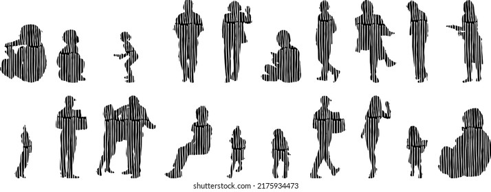 Vector silhouettes, Outline silhouettes of people, Contour drawing, people silhouette, Icon Set Isolated, Silhouette of sitting people, Architectural set	