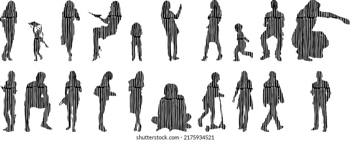 Vector silhouettes, Outline silhouettes of people, Contour drawing, people silhouette, Icon Set Isolated, Silhouette of sitting people, Architectural set	
