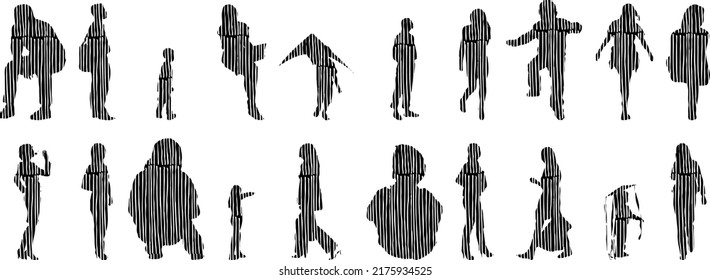 Vector silhouettes, Outline silhouettes of people, Contour drawing, people silhouette, Icon Set Isolated, Silhouette of sitting people, Architectural set	