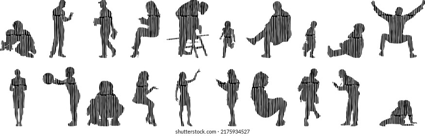 Vector silhouettes, Outline silhouettes of people, Contour drawing, people silhouette, Icon Set Isolated, Silhouette of sitting people, Architectural set	