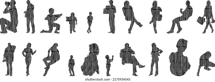 Vector silhouettes, Outline silhouettes of people, Contour drawing, people silhouette, Icon Set Isolated, Silhouette of sitting people, Architectural set	