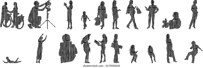 Siluetas vectoriales, Siluetas de contorno de personas, Dibujo de contorno, silueta de personas, Conjunto de iconos aislados, Silueta de personas sentadas, Conjunto arquitectónico	