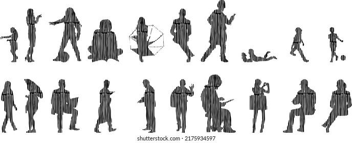 Vector silhouettes, Outline silhouettes of people, Contour drawing, people silhouette, Icon Set Isolated, Silhouette of sitting people, Architectural set	
