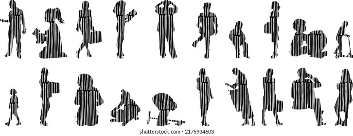Vector silhouettes, Outline silhouettes of people, Contour drawing, people silhouette, Icon Set Isolated, Silhouette of sitting people, Architectural set	