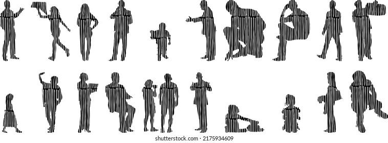 Vector silhouettes, Outline silhouettes of people, Contour drawing, people silhouette, Icon Set Isolated, Silhouette of sitting people, Architectural set	