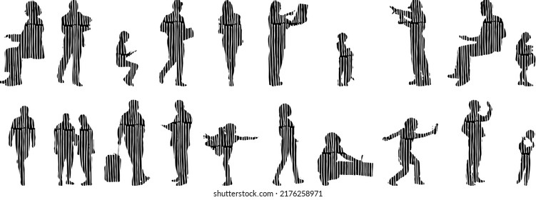 Vector silhouettes, Outline silhouettes of people, Contour drawing, people silhouette, Icon Set Isolated, Silhouette of sitting people, Architectural set	
