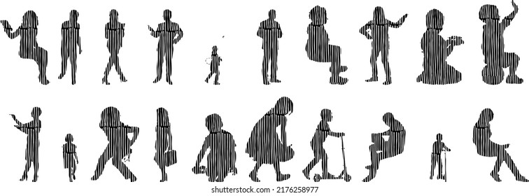 Vector silhouettes, Outline silhouettes of people, Contour drawing, people silhouette, Icon Set Isolated, Silhouette of sitting people, Architectural set	
