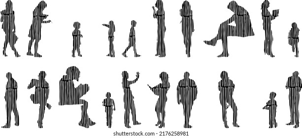 Vektor-Silhouetten, Silhouetten-Linien, Konturzeichnungen, Silhouette-Leute, Symbolsatz isoliert, Silhouette sitzender Menschen, Architekturset	
