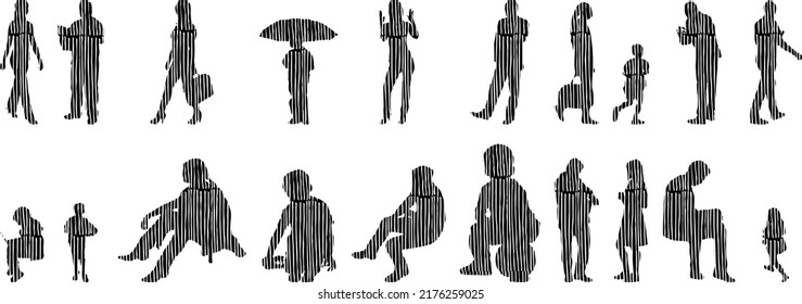 Vector silhouettes, Outline silhouettes of people, Contour drawing, people silhouette, Icon Set Isolated, Silhouette of sitting people, Architectural set	
