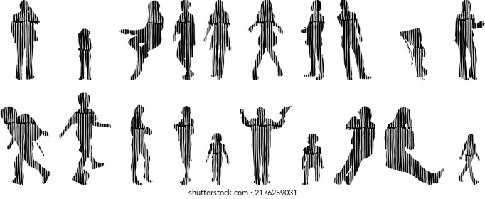 Vector silhouettes, Outline silhouettes of people, Contour drawing, people silhouette, Icon Set Isolated, Silhouette of sitting people, Architectural set	
