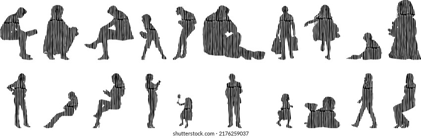 Vector silhouettes, Outline silhouettes of people, Contour drawing, people silhouette, Icon Set Isolated, Silhouette of sitting people, Architectural set	
