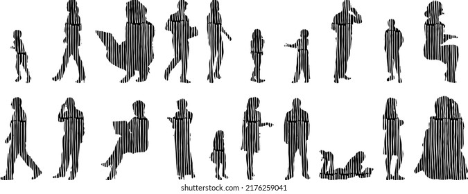 Siluetas vectoriales, Siluetas de contorno de personas, Dibujo de contorno, silueta de personas, Conjunto de iconos aislados, Silueta de personas sentadas, Conjunto arquitectónico	

