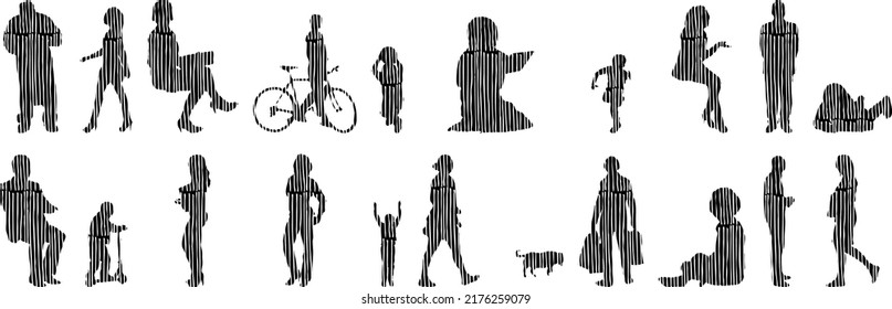 Vector silhouettes, Outline silhouettes of people, Contour drawing, people silhouette, Icon Set Isolated, Silhouette of sitting people, Architectural set	
