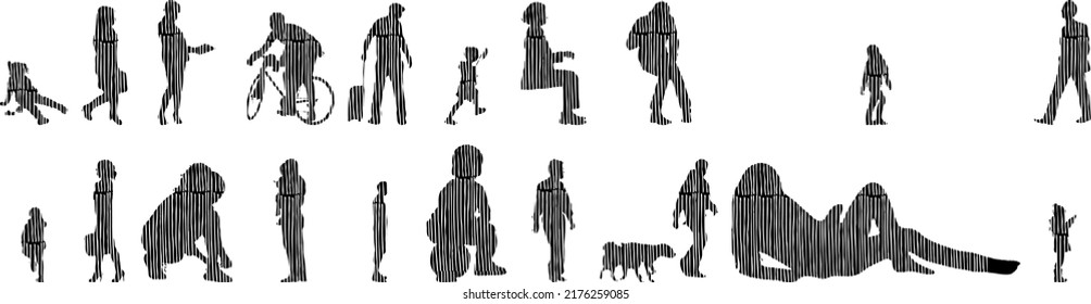 Vector silhouettes, Outline silhouettes of people, Contour drawing, people silhouette, Icon Set Isolated, Silhouette of sitting people, Architectural set	
