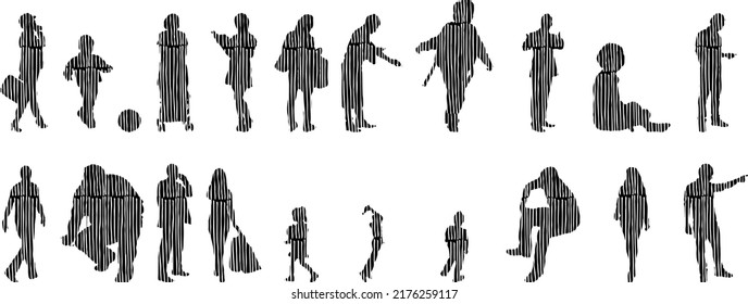 Vector silhouettes, Outline silhouettes of people, Contour drawing, people silhouette, Icon Set Isolated, Silhouette of sitting people, Architectural set	
