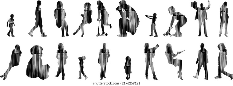 Vector silhouettes, Outline silhouettes of people, Contour drawing, people silhouette, Icon Set Isolated, Silhouette of sitting people, Architectural set	
