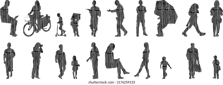 Vector silhouettes, Outline silhouettes of people, Contour drawing, people silhouette, Icon Set Isolated, Silhouette of sitting people, Architectural set	
