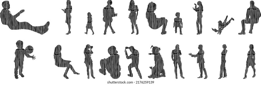Vector silhouettes, Outline silhouettes of people, Contour drawing, people silhouette, Icon Set Isolated, Silhouette of sitting people, Architectural set	
