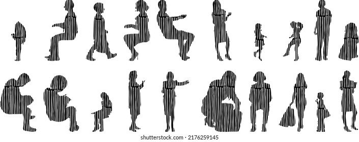 Siluetas vectoriales, Siluetas de contorno de personas, Dibujo de contorno, silueta de personas, Conjunto de iconos aislados, Silueta de personas sentadas, Conjunto arquitectónico	

