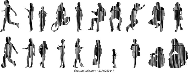 Siluetas vectoriales, Siluetas de contorno de personas, Dibujo de contorno, silueta de personas, Conjunto de iconos aislados, Silueta de personas sentadas, Conjunto arquitectónico	
