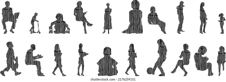 Vector silhouettes, Outline silhouettes of people, Contour drawing, people silhouette, Icon Set Isolated, Silhouette of sitting people, Architectural set	
