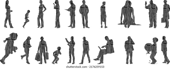 Siluetas vectoriales, Siluetas de contorno de personas, Dibujo de contorno, silueta de personas, Conjunto de iconos aislados, Silueta de personas sentadas, Conjunto arquitectónico	
