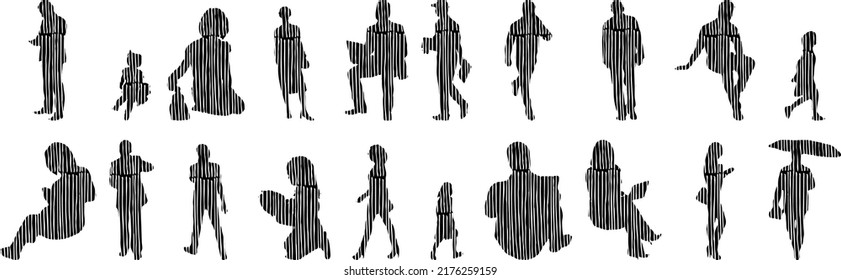 Siluetas vectoriales, Siluetas de contorno de personas, Dibujo de contorno, silueta de personas, Conjunto de iconos aislados, Silueta de personas sentadas, Conjunto arquitectónico	
