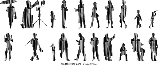 Vector silhouettes, Outline silhouettes of people, Contour drawing, people silhouette, Icon Set Isolated, Silhouette of sitting people, Architectural set	
