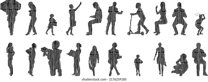 Siluetas vectoriales, Siluetas de contorno de personas, Dibujo de contorno, silueta de personas, Conjunto de iconos aislados, Silueta de personas sentadas, Conjunto arquitectónico	
