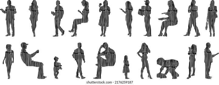 Vector silhouettes, Outline silhouettes of people, Contour drawing, people silhouette, Icon Set Isolated, Silhouette of sitting people, Architectural set	
