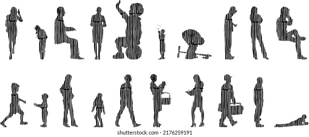 Vector silhouettes, Outline silhouettes of people, Contour drawing, people silhouette, Icon Set Isolated, Silhouette of sitting people, Architectural set	
