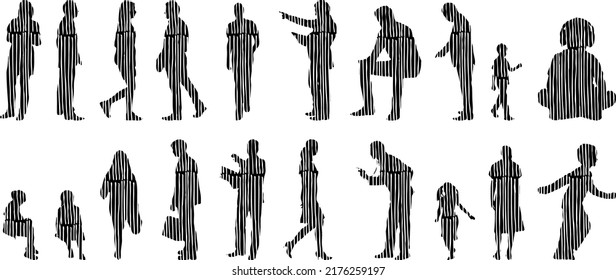 Vector silhouettes, Outline silhouettes of people, Contour drawing, people silhouette, Icon Set Isolated, Silhouette of sitting people, Architectural set	
