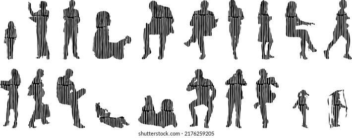 Vector silhouettes, Outline silhouettes of people, Contour drawing, people silhouette, Icon Set Isolated, Silhouette of sitting people, Architectural set	
