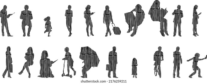 Vector silhouettes, Outline silhouettes of people, Contour drawing, people silhouette, Icon Set Isolated, Silhouette of sitting people, Architectural set	
