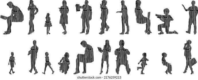 Vector silhouettes, Outline silhouettes of people, Contour drawing, people silhouette, Icon Set Isolated, Silhouette of sitting people, Architectural set	
