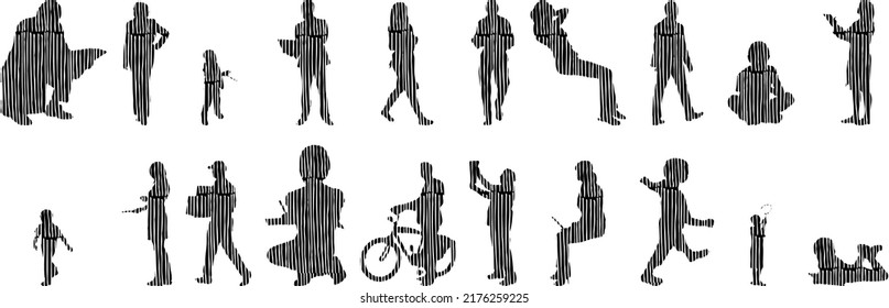 Siluetas vectoriales, Siluetas de contorno de personas, Dibujo de contorno, silueta de personas, Conjunto de iconos aislados, Silueta de personas sentadas, Conjunto arquitectónico	
