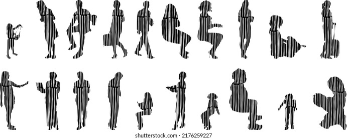 Vector silhouettes, Outline silhouettes of people, Contour drawing, people silhouette, Icon Set Isolated, Silhouette of sitting people, Architectural set	
