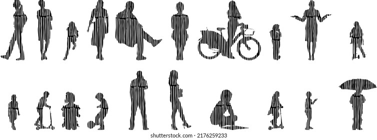 Vector silhouettes, Outline silhouettes of people, Contour drawing, people silhouette, Icon Set Isolated, Silhouette of sitting people, Architectural set	
