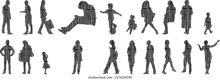 Vector silhouettes, Outline silhouettes of people, Contour drawing, people silhouette, Icon Set Isolated, Silhouette of sitting people, Architectural set	

