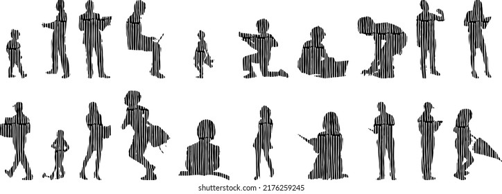 Vector silhouettes, Outline silhouettes of people, Contour drawing, people silhouette, Icon Set Isolated, Silhouette of sitting people, Architectural set	
