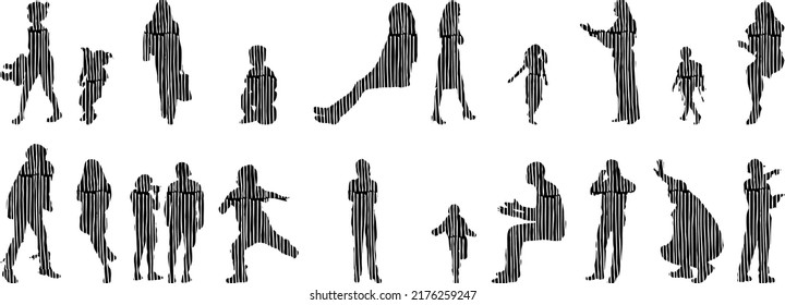 Vector silhouettes, Outline silhouettes of people, Contour drawing, people silhouette, Icon Set Isolated, Silhouette of sitting people, Architectural set	
