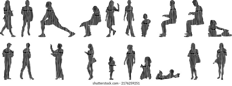 Vector silhouettes, Outline silhouettes of people, Contour drawing, people silhouette, Icon Set Isolated, Silhouette of sitting people, Architectural set	
