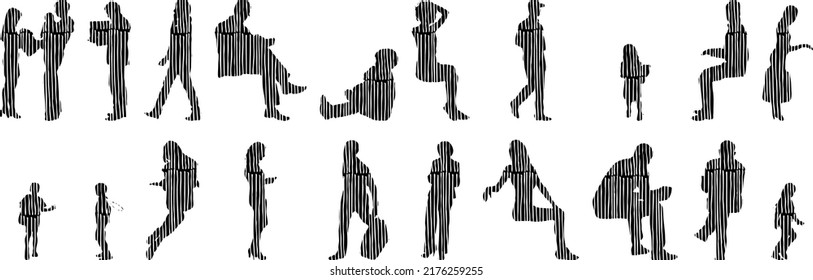 Vektor-Silhouetten, Silhouetten-Linien, Konturzeichnungen, Silhouette-Leute, Symbolsatz isoliert, Silhouette sitzender Menschen, Architekturset	
