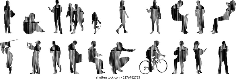 Vector silhouettes, Outline silhouettes of people, Contour drawing, people silhouette, Icon Set Isolated, Silhouette of sitting people, Architectural set	
