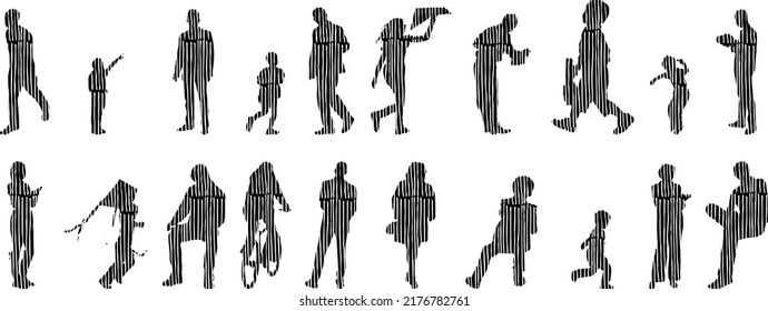 Vector silhouettes, Outline silhouettes of people, Contour drawing, people silhouette, Icon Set Isolated, Silhouette of sitting people, Architectural set	
