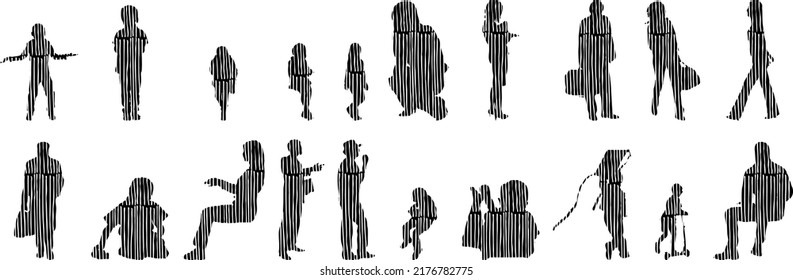 Vector silhouettes, Outline silhouettes of people, Contour drawing, people silhouette, Icon Set Isolated, Silhouette of sitting people, Architectural set	
