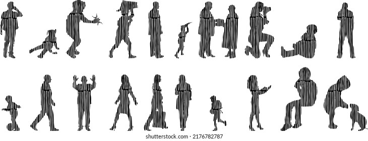 Vector silhouettes, Outline silhouettes of people, Contour drawing, people silhouette, Icon Set Isolated, Silhouette of sitting people, Architectural set	
