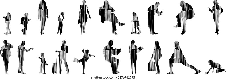 Vector silhouettes, Outline silhouettes of people, Contour drawing, people silhouette, Icon Set Isolated, Silhouette of sitting people, Architectural set	
