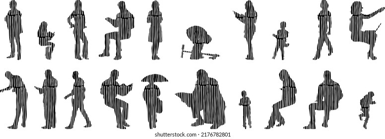 Vector silhouettes, Outline silhouettes of people, Contour drawing, people silhouette, Icon Set Isolated, Silhouette of sitting people, Architectural set	
