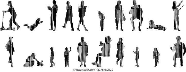 Vector silhouettes, Outline silhouettes of people, Contour drawing, people silhouette, Icon Set Isolated, Silhouette of sitting people, Architectural set	
